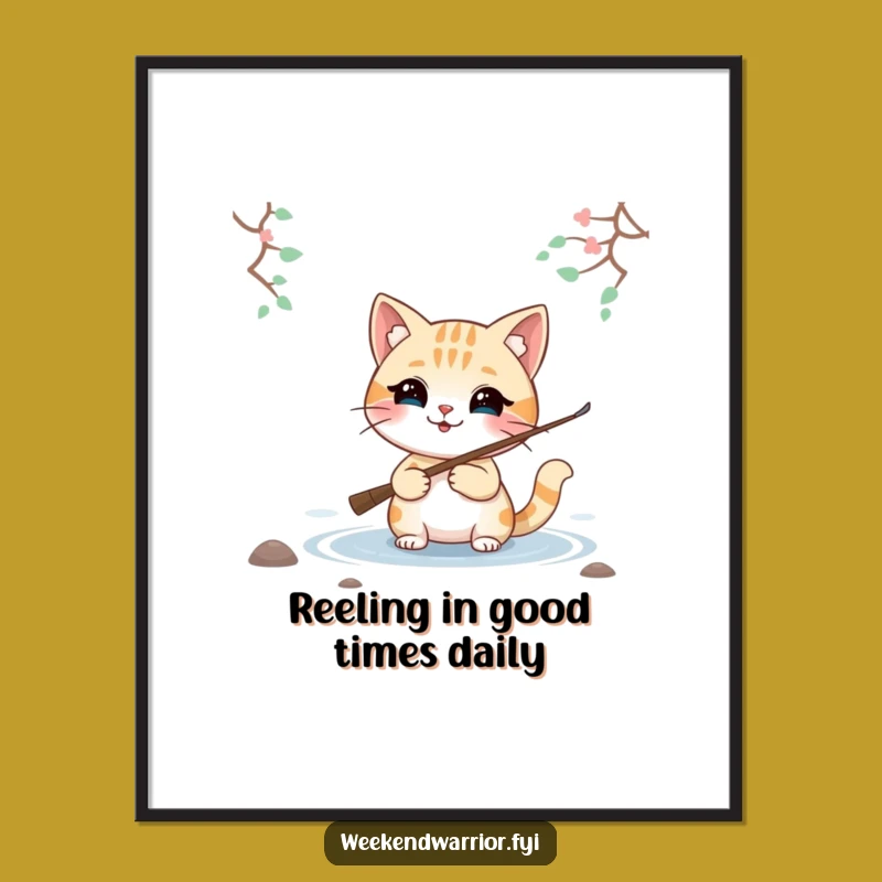 Free Printable Wall Art: Smiling Fishing Cat Calm Funny Downloadable Art Gift