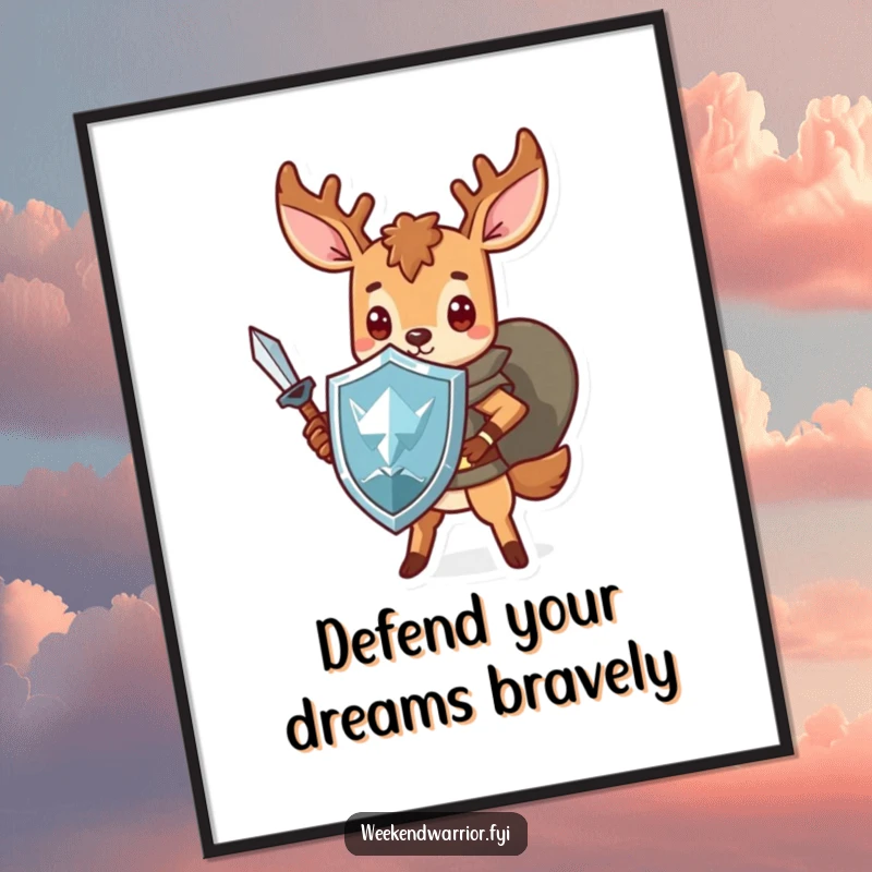 Funny Free Printable Wall Art depicting a strong Kawaii deer character in armor, holding a sword and shield, exuding bravery and charm.