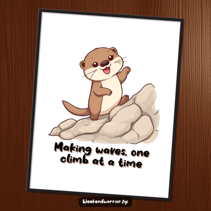 Funny Free Printable Wall Art: Otter joyfully scaling a rocky incline, motivational and humorous, perfect downloadable decor.