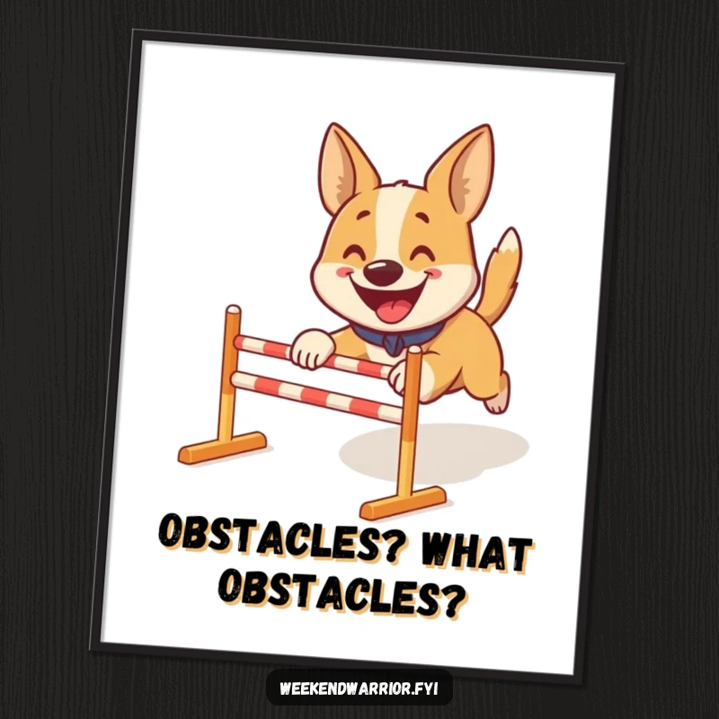 Funny Free Printable Wall Art: A smiling dog energetically bounds through a miniature obstacle course, bringing lively charm to any room.