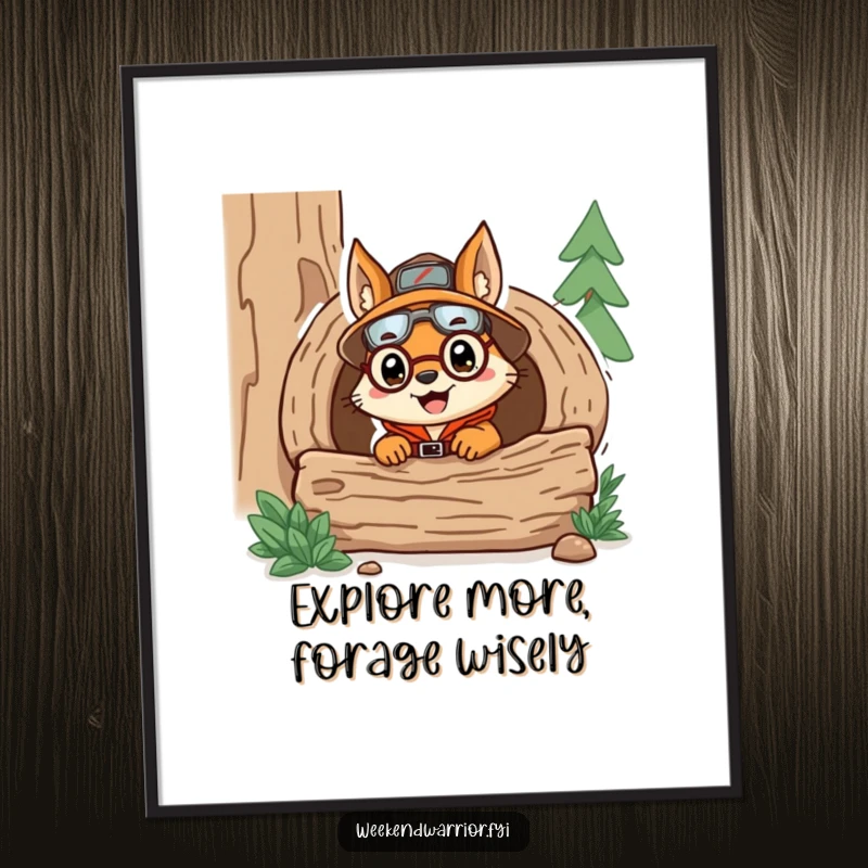 Funny Free Printable Wall Art: Delighted squirrel explorer in gear peeking from a log, bringing adventurous humor to your room.