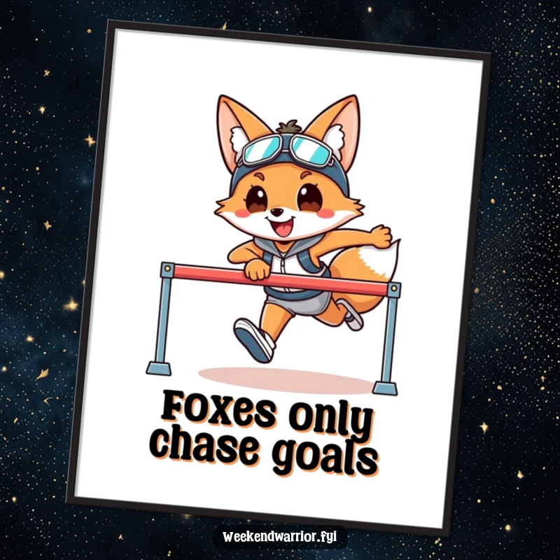 Funny free printable wall art of a smiling fox in athletic gear mid-leap over a hurdle, exuding speed and grace.