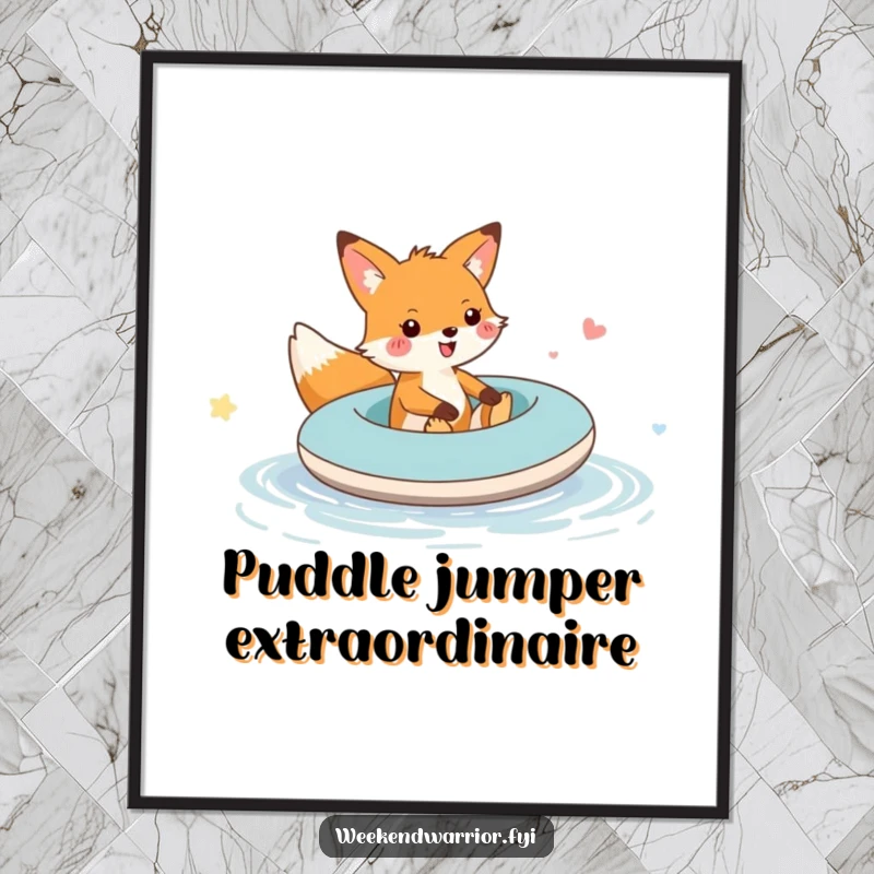 Funny Free Printable Wall Art: A cheerful fox rides an inflatable raft across a puddle, bringing whimsical adventure to your walls.