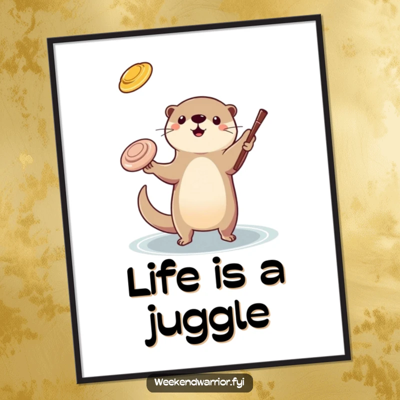 Funny Free Printable Wall Art: A playful otter juggles a frisbee and a stick, showcasing impressive dexterity and charm.