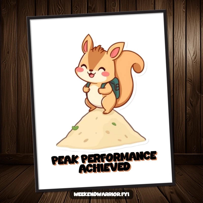 Funny Free Printable Wall Art: A cheerful squirrel with a backpack smiles while scaling a small hill, inspiring adventure and positivity.