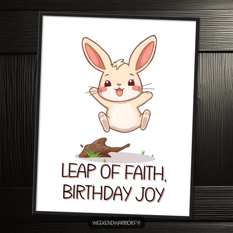 Funny free printable wall art of a playful rabbit making a victorious leap over a twig, adding humor to decor.