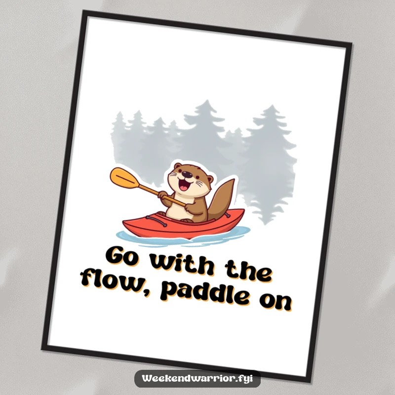 Funny Free Printable Wall Art: Excited otter floating happily in a kayak with a paddle, a fun and humorous water scene.