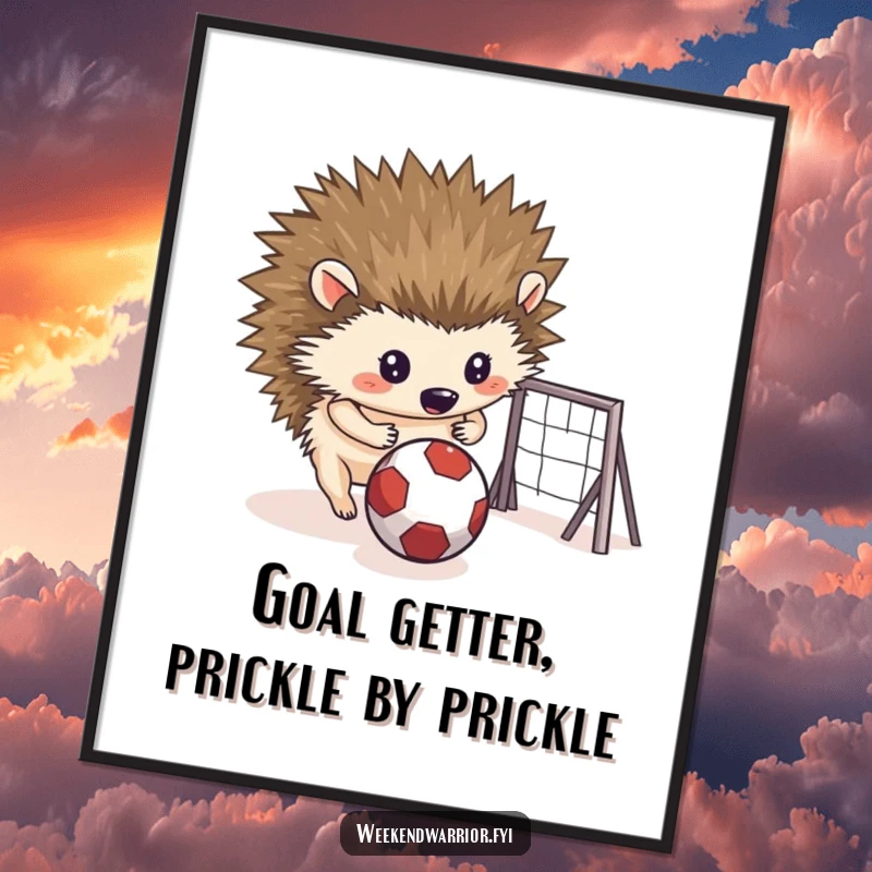 Funny Free Printable Wall Art: A determined hedgehog rolls a small ball towards a makeshift goal, embodying focus and playful determination.