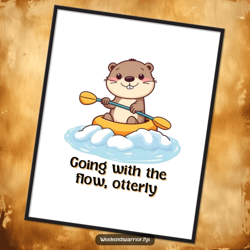 Funny Free Printable Wall Art: Smiling Kawaii otter character kayaking expertly down a mini rapid.