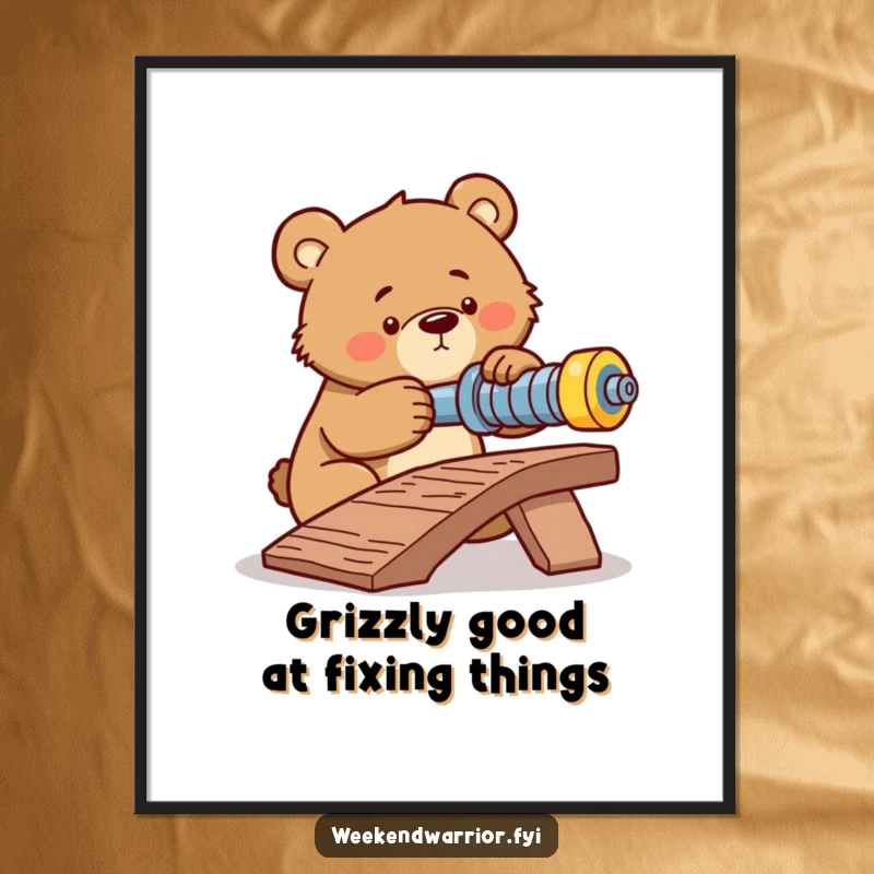 Funny Free Printable Wall Art: a determined bear intently tightening a bolt on a makeshift ramp, conveying focus and DIY spirit.