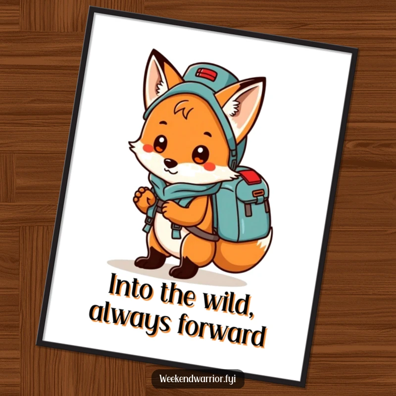 Funny free printable wall art: A playful fox with a camping backpack, symbolizing adventurous spirit and a love for the outdoors.