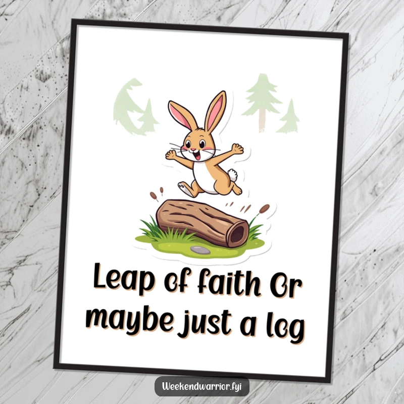 Funny Free Printable Wall Art: Energetic rabbit leaping over a log on a trail, adding a sense of adventure and humor to home decor, a downloadable gift.