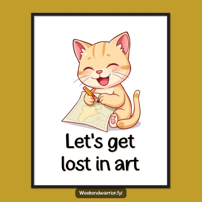 Funny Free Printable Wall Art: Cat Sketching Map Downloadable Art