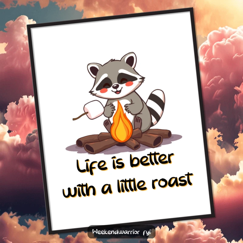 Funny Free Printable Wall Art: Joyful raccoon happily roasting a marshmallow over a campfire, a warm and humorous scene.