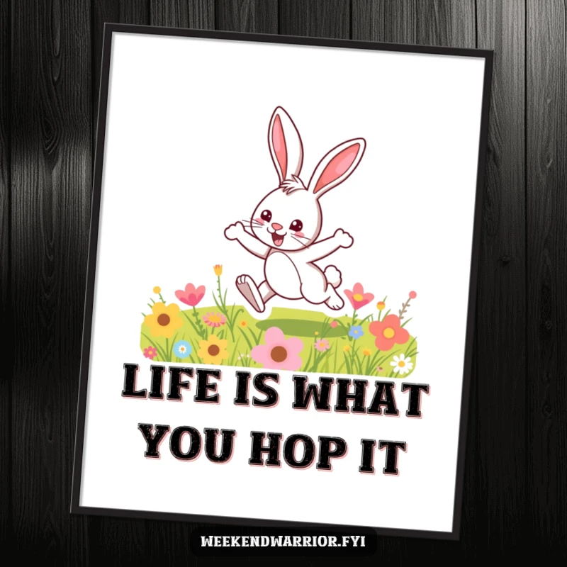 Funny Free Printable Wall Art: A cartoon bunny joyfully bounding through a vibrant meadow. Cheerful downloadable art.