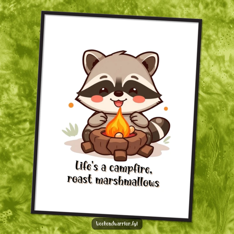 Funny Free Printable Wall Art: Joyful Kawaii raccoon character grilling small treats over a campfire.
