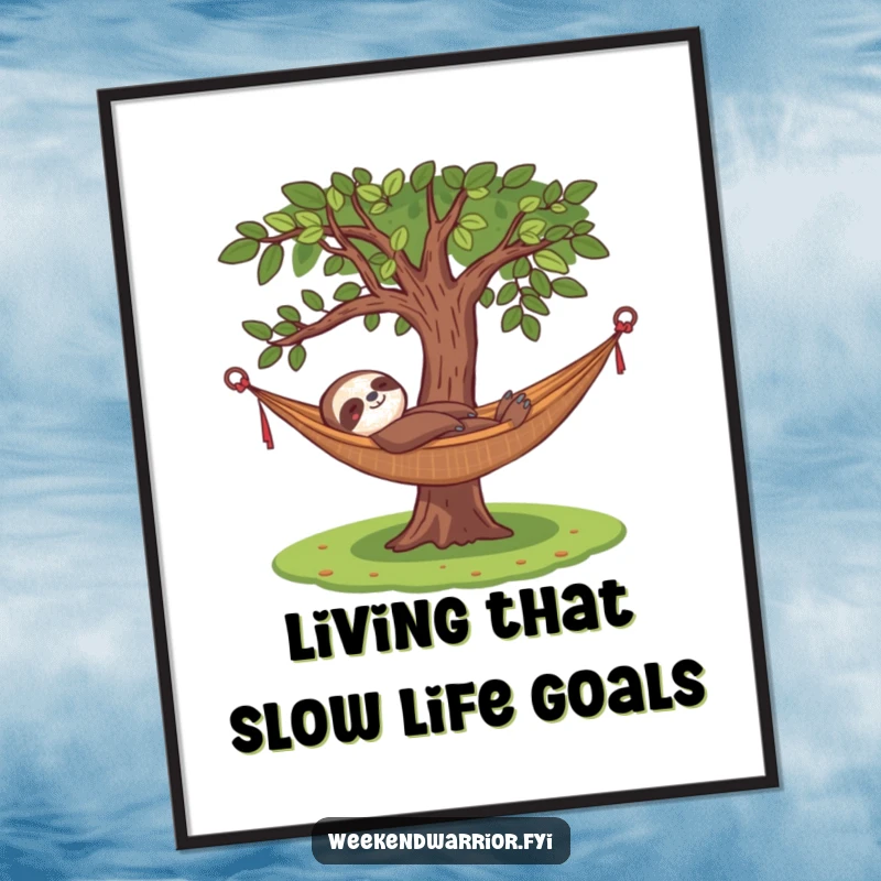 Funny Free Printable Wall Art: Content sloth relaxing in a hammock under a tree, bringing calm humor and relaxation to any room, a downloadable gift.