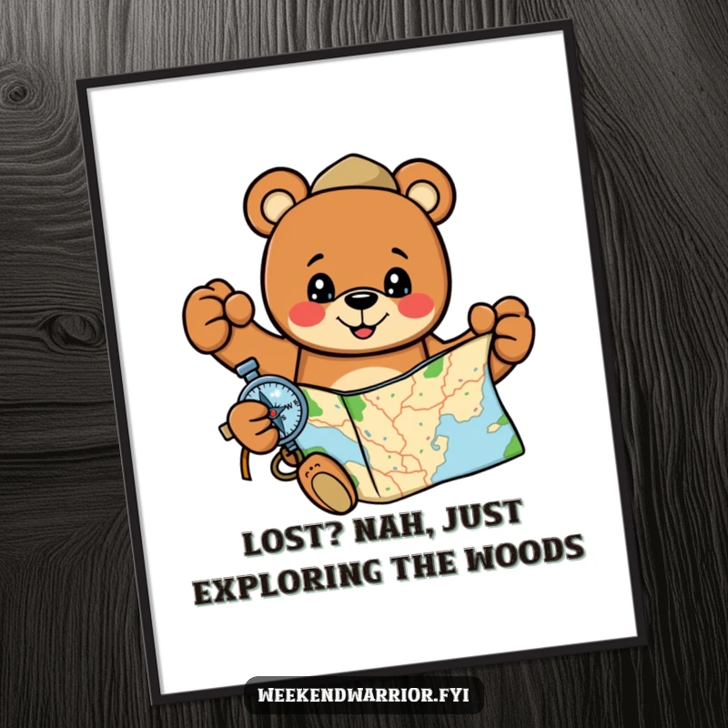 Funny Free Printable Wall Art: A cheerful cartoon bear holding a map and compass, inspiring exploration and adventure in your home.