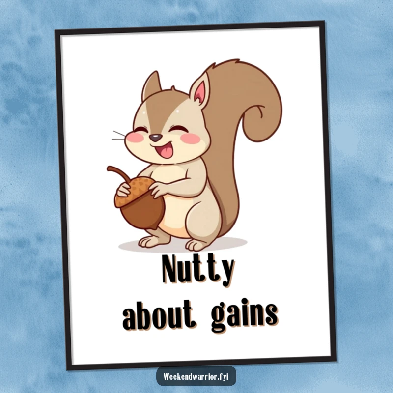 Funny Free Printable Wall Art: A giggling squirrel proudly flexes its arm muscles after lifting a single acorn, showcasing its power.