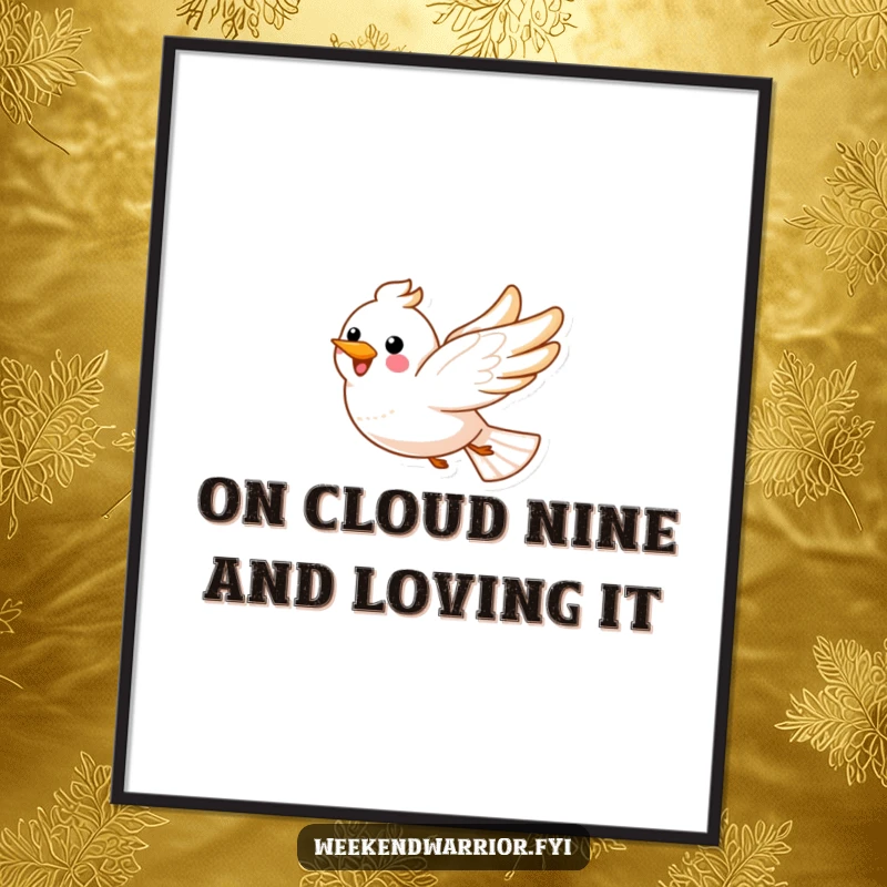 Funny Free Printable Wall Art: A happy cartoon bird soaring through a sky of fluffy clouds, bringing peace and joy.