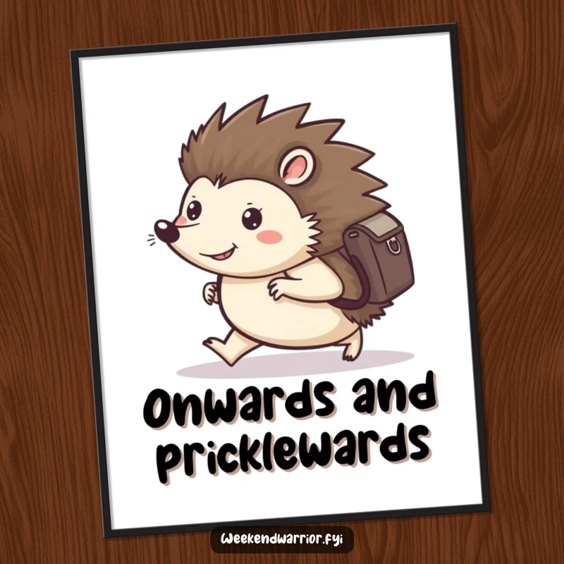 Funny Free Printable Wall Art: A happy hedgehog with a backpack marches forward with unwavering determination, inspiring art.