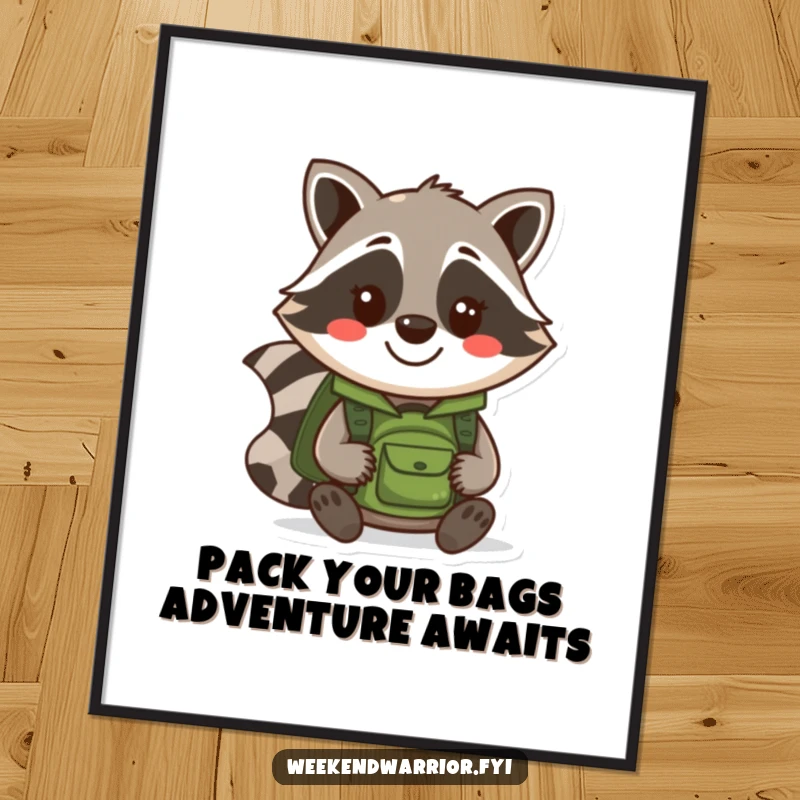 Funny Free Printable Wall Art: A cute smiling cartoon raccoon wearing a backpack, ready for exploration and adding joy to your decor.
