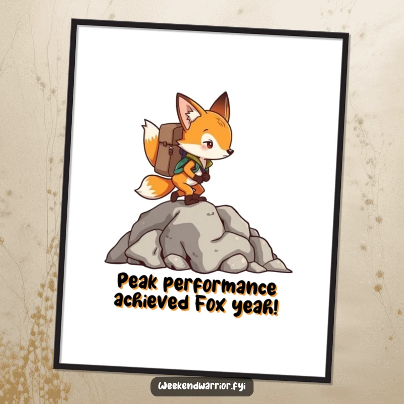 Funny Free Printable Wall Art: Determined fox with backpack energetically climbs a rugged rocky outcrop.