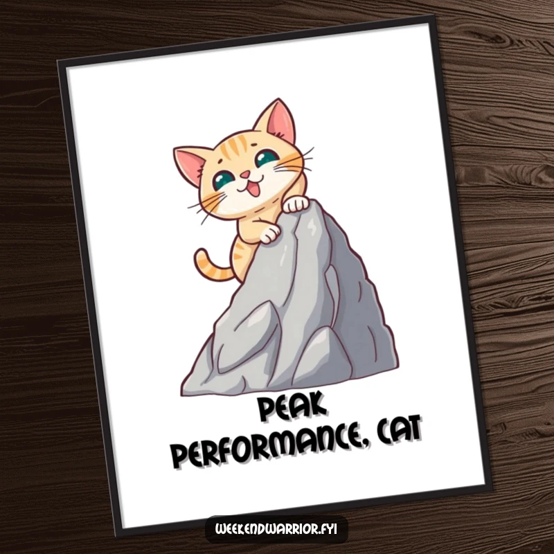 Funny Free Printable wall art of a brave cat with intense focus, energetically scaling an artificial mountain face, ready for anything.