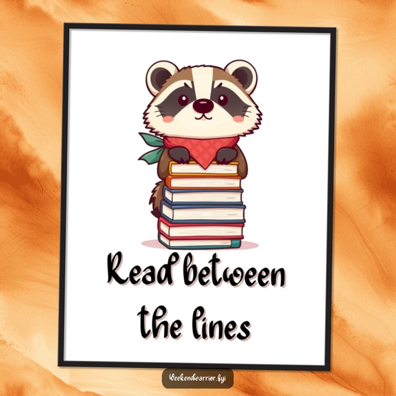 Funny Free Printable Wall Art: A focused badger wearing a bandana balances a stack of books, offering humorous and clever wall decor.