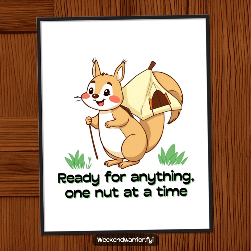 Funny Free Printable Wall Art: Happy squirrel carrying a tent on its back, ready for outdoor fun, a whimsical and humorous scene.