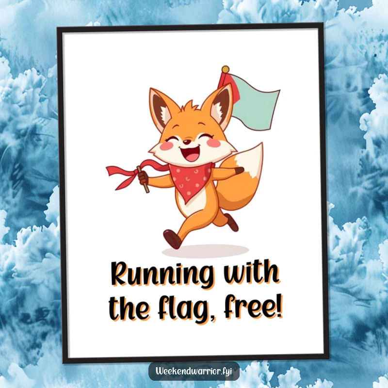 Funny Free Printable Wall Art: A happy fox wearing a bandana runs zestfully, proudly carrying a flag.