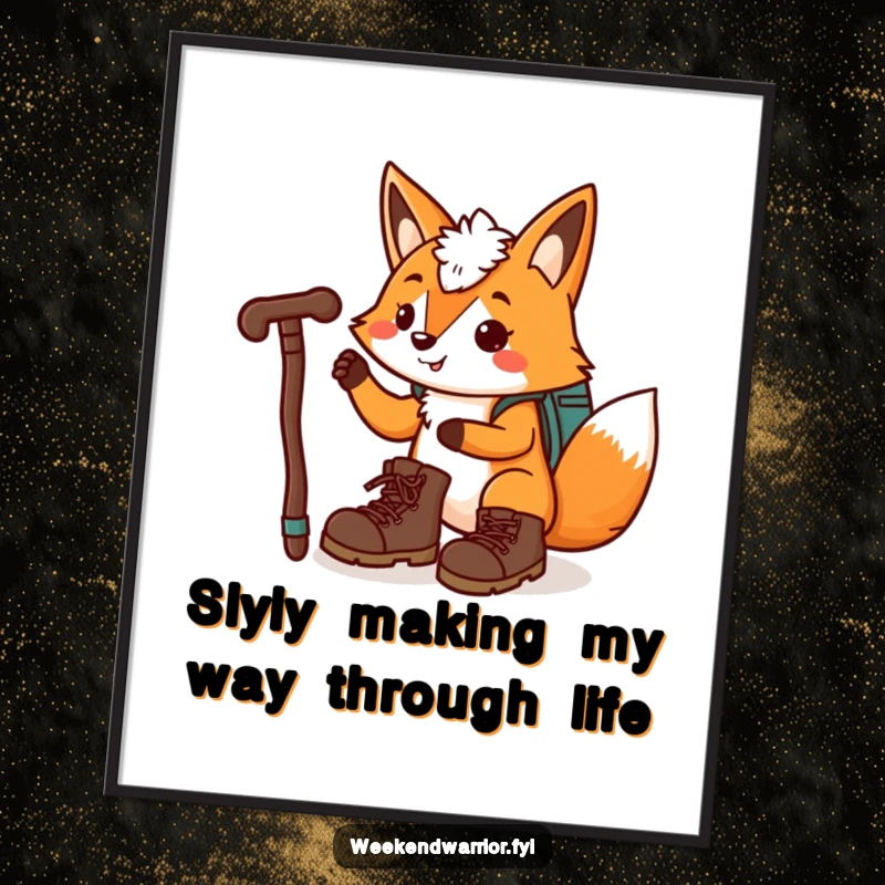 Funny Free Printable Wall Art: A playful cartoon fox with hiking boots and a walking stick, exploring nature and adding charm.