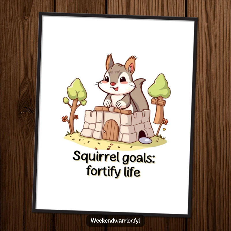 Funny Free Printable Wall Art: A focused squirrel masterfully building an intricate fort, adding charm to any room. Downloadable art.