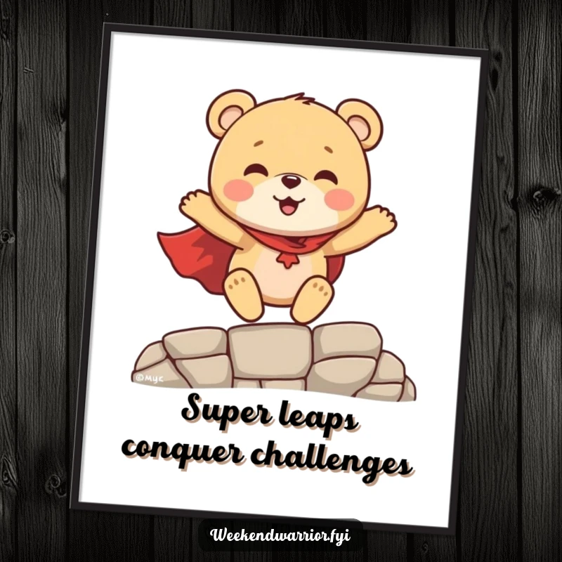 Funny Free Printable Wall Art of a happy bear cub in a superhero cape leaping over a gap, full of adventure.