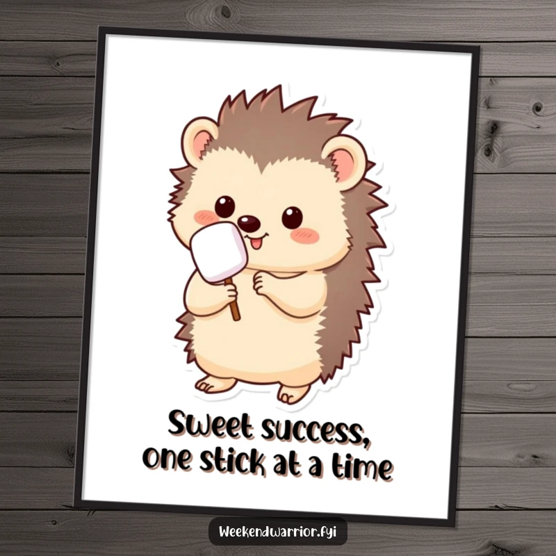 Funny Free Printable Wall Art: A cute kawaii hedgehog proudly brandishes a small marshmallow on a stick, ready for a campfire treat, ready to print.