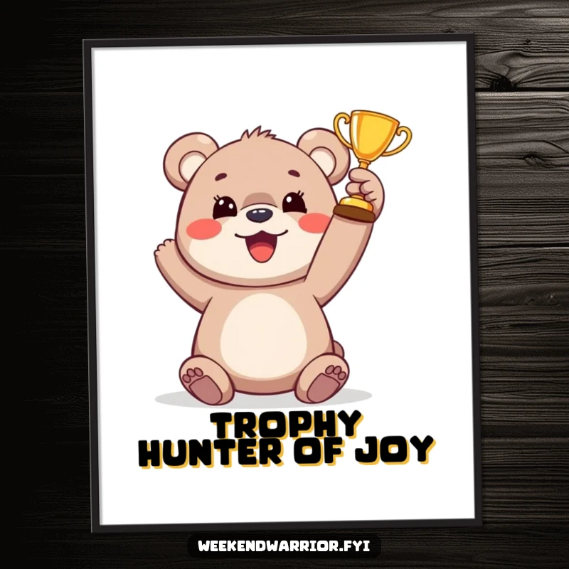 Funny Free Printable Wall Art: A happy bear cub triumphantly raises a tiny trophy, embodying the spirit of a champion.