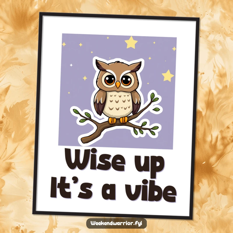 Funny Free Printable Wall Art: A curious cartoon owl perched on a branch, bathed in starlight. Whimsical, magical downloadable art.