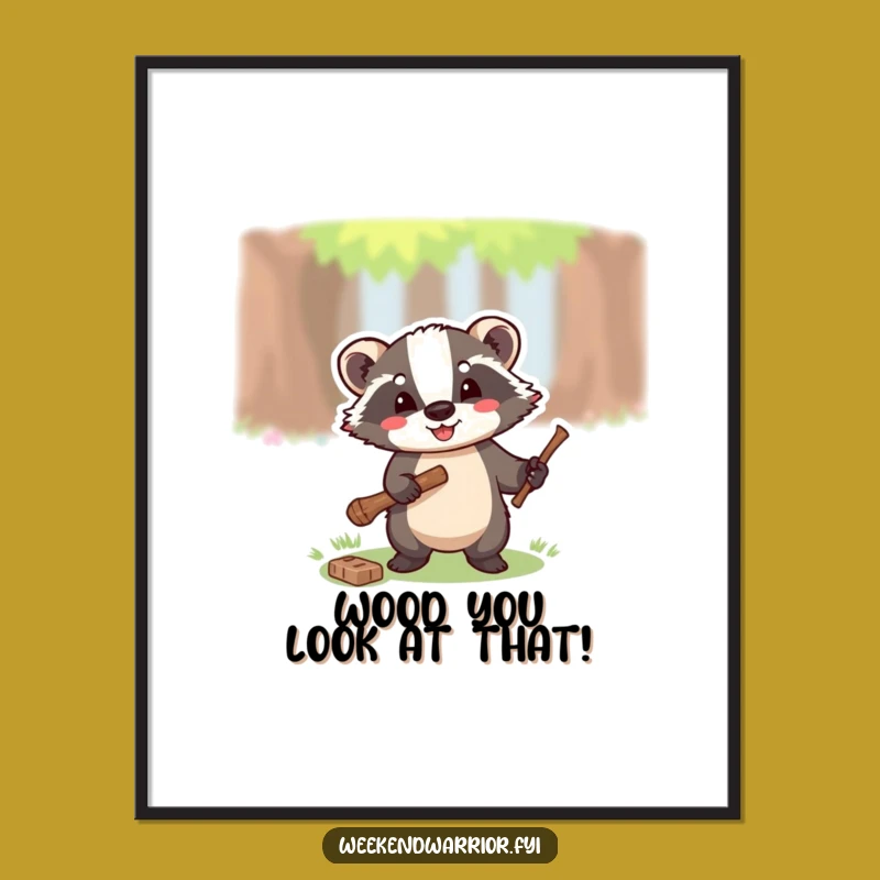 Funny Free Printable Wall Art: Happy Badger Chopping Wood - Downloadable Decor