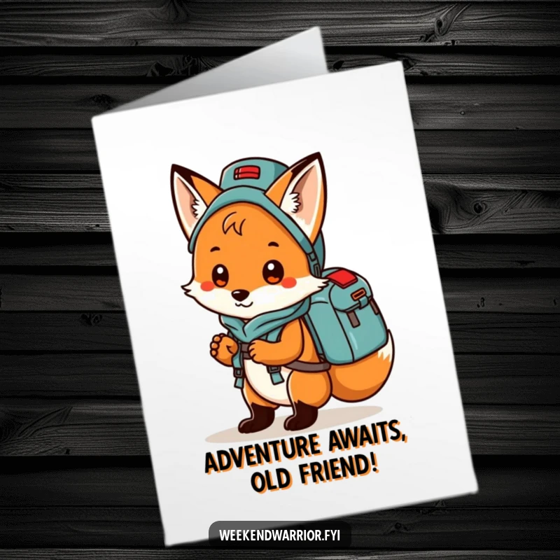 Funny free printable birthday card: A playful fox with a backpack full of camping gear embarks on a birthday adventure.