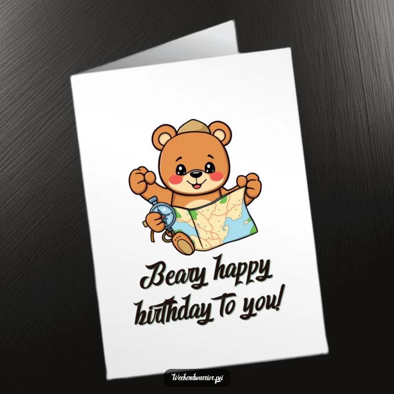 Funny Free Printable Birthday Card: A cheerful cartoon bear holding a map and compass, guiding the way to a fun birthday celebration.
