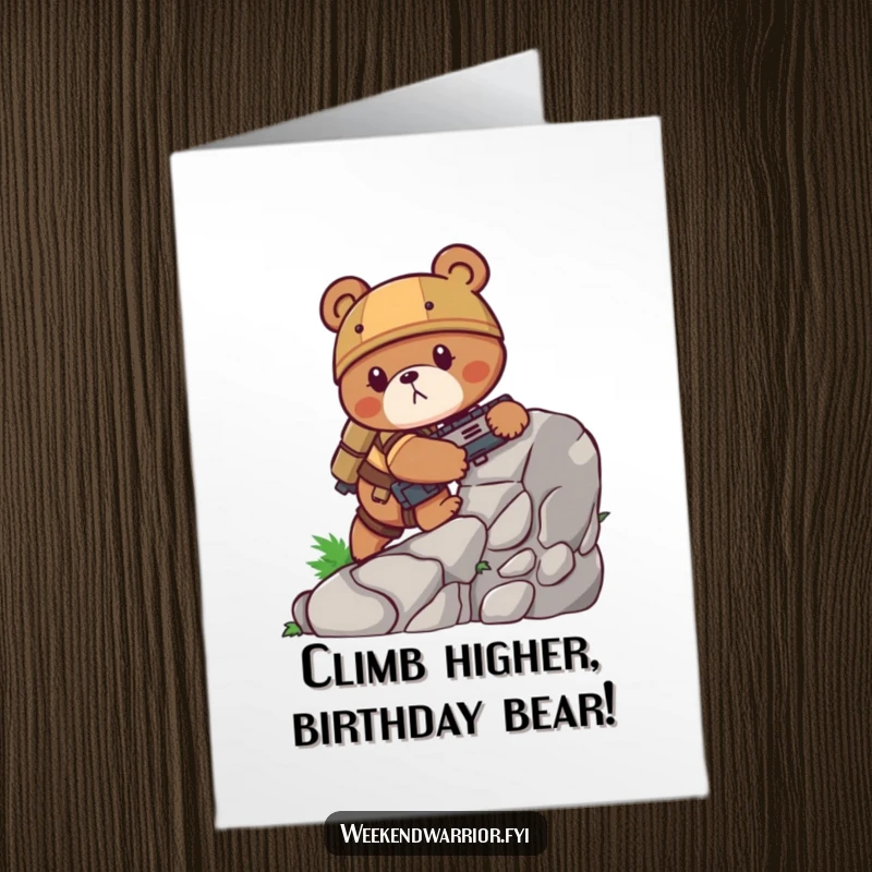 Funny Free Printable Birthday Card: A determined bear in full combat gear hilariously scales a small rock face.