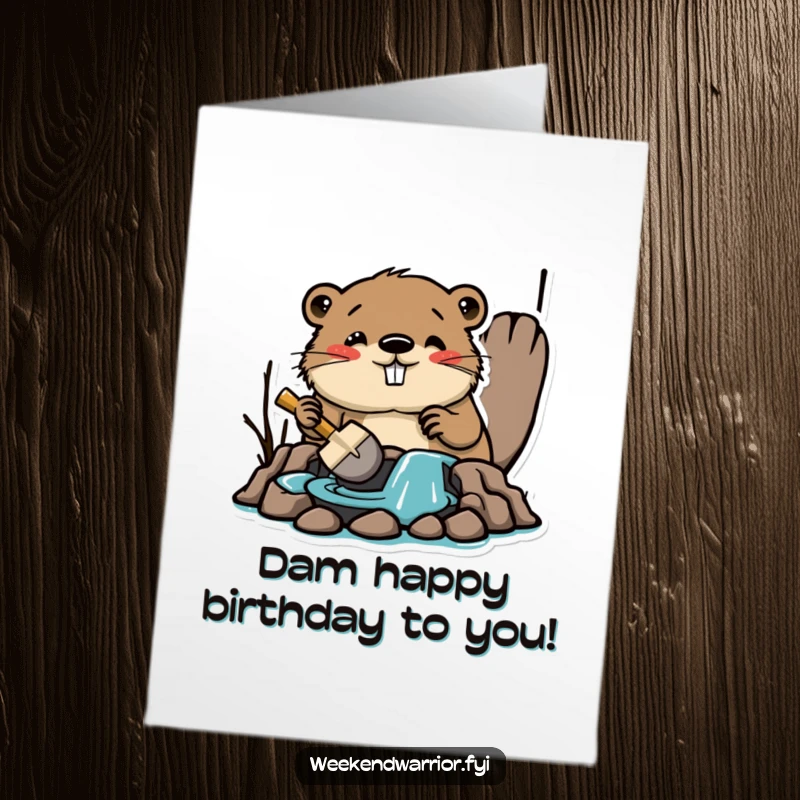 Funny Free Printable Birthday Card: Amused beaver building a dam with a tiny shovel, symbolizing industriousness and fun for a happy birthday, a downloadable gift.