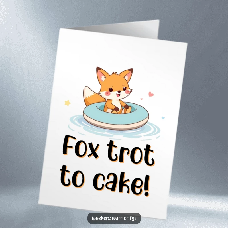 Funny Free Printable Birthday Card: A cheerful fox joyfully rides an inflatable raft across a small puddle, embracing the fun.