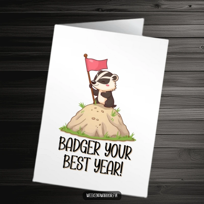 Funny Free Printable Birthday Card: A determined badger triumphantly plants a flag on a small hill, celebrating a successful endeavor.