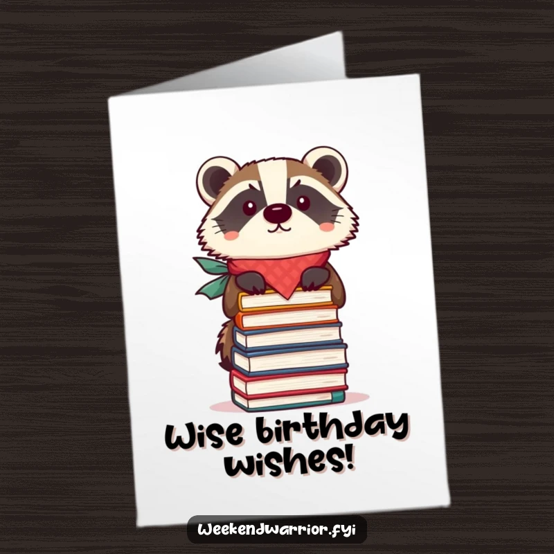 Funny Free Printable Birthday Card: A focused badger in a bandana expertly balances a tall stack of books, celebrating with wit.