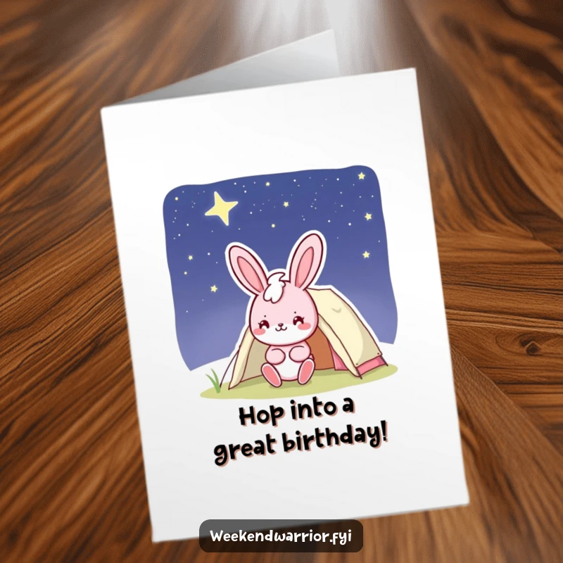 Funny Free Printable Birthday Card: Cheerful pink bunny character with a confident smile setting up a tent under a starry sky.