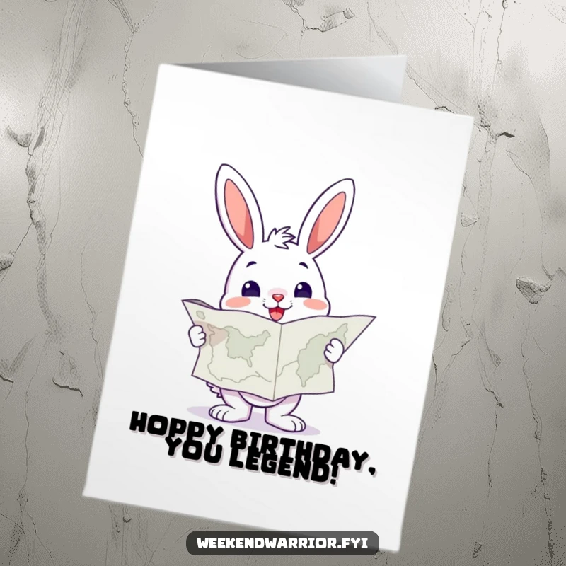 Funny Free Printable Birthday Card: Cheerful bunny with large map looks resolute, ready for a birthday quest.