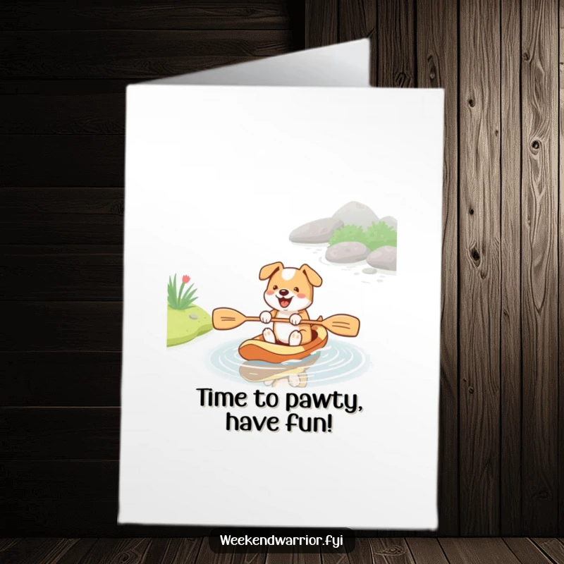Funny Free Printable Birthday Card: An energetic dog happily paddling a small stream with a tiny paddle, great for birthdays.