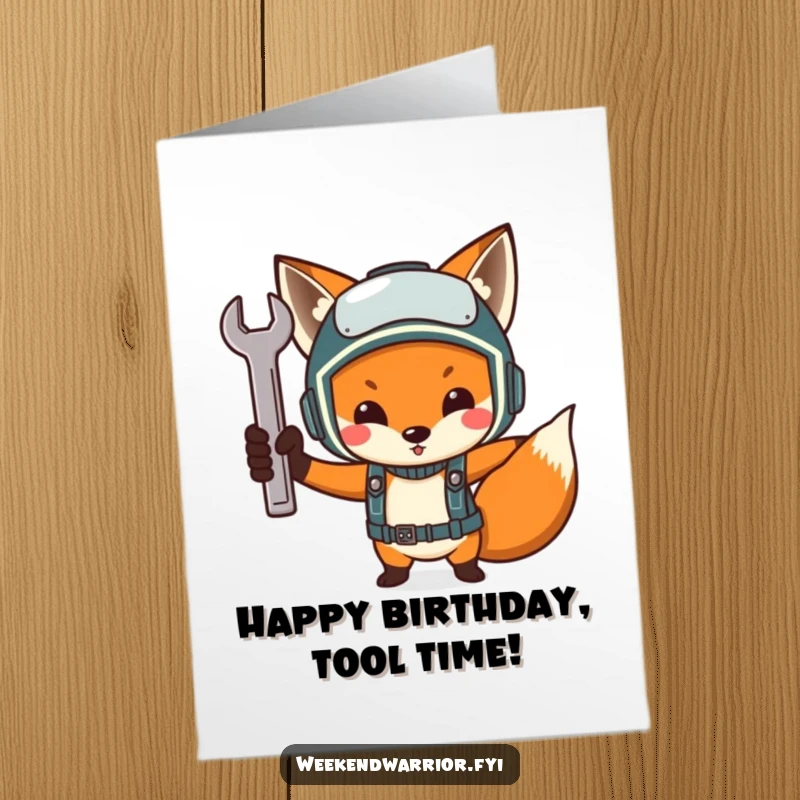 Funny Free Printable Birthday Card of a determined fox mechanic with a helmet raising a wrench, celebrating achievement.