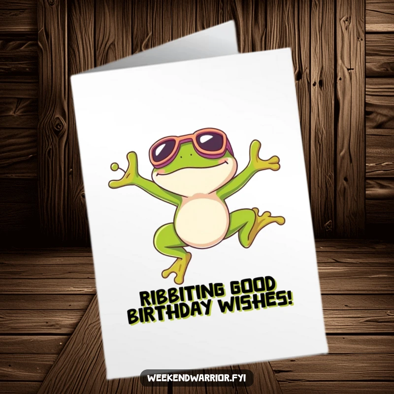 Funny Free Printable Birthday Card featuring a grinning frog in goggles mid-air, celebrating a perfect jump with pure delight.
